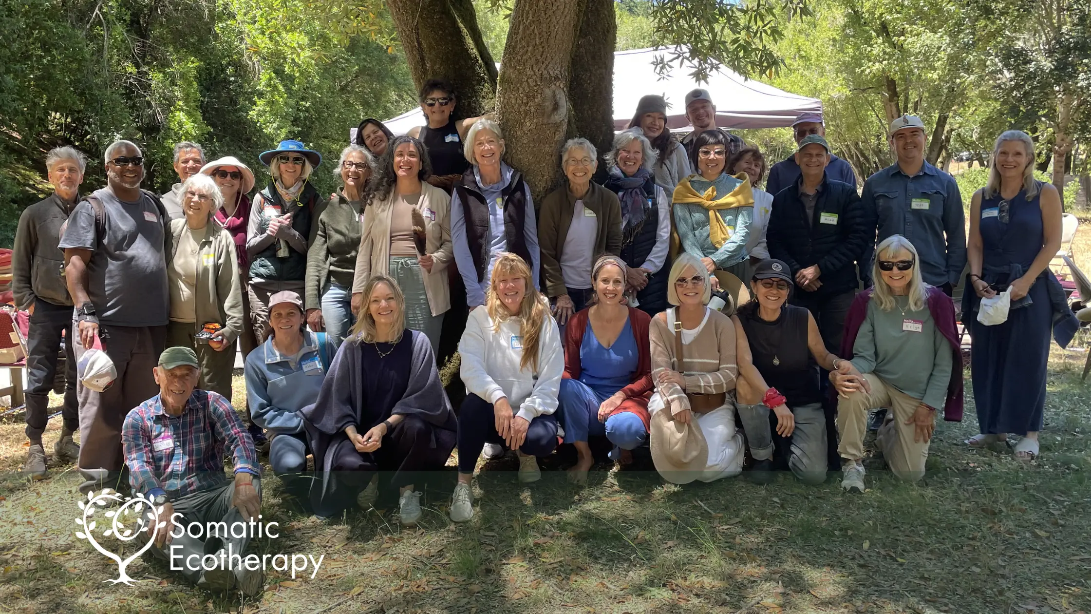 Group photo from a Forest Therapy Board retreat with Somatic Ecotherapy, showing participants gathered outdoors beneath trees in a natural retreat setting.