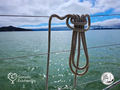 Sailboat Rope Framed by Sunlit Bay Water