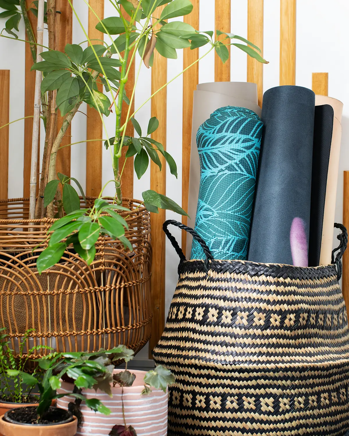 A collection of supplies for a relaxing meditation, stretch, and other similar activities